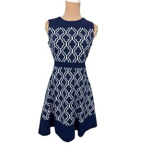 Lands’ End Fit & Flare 4p Dress Navy White Geometric Print  * See info